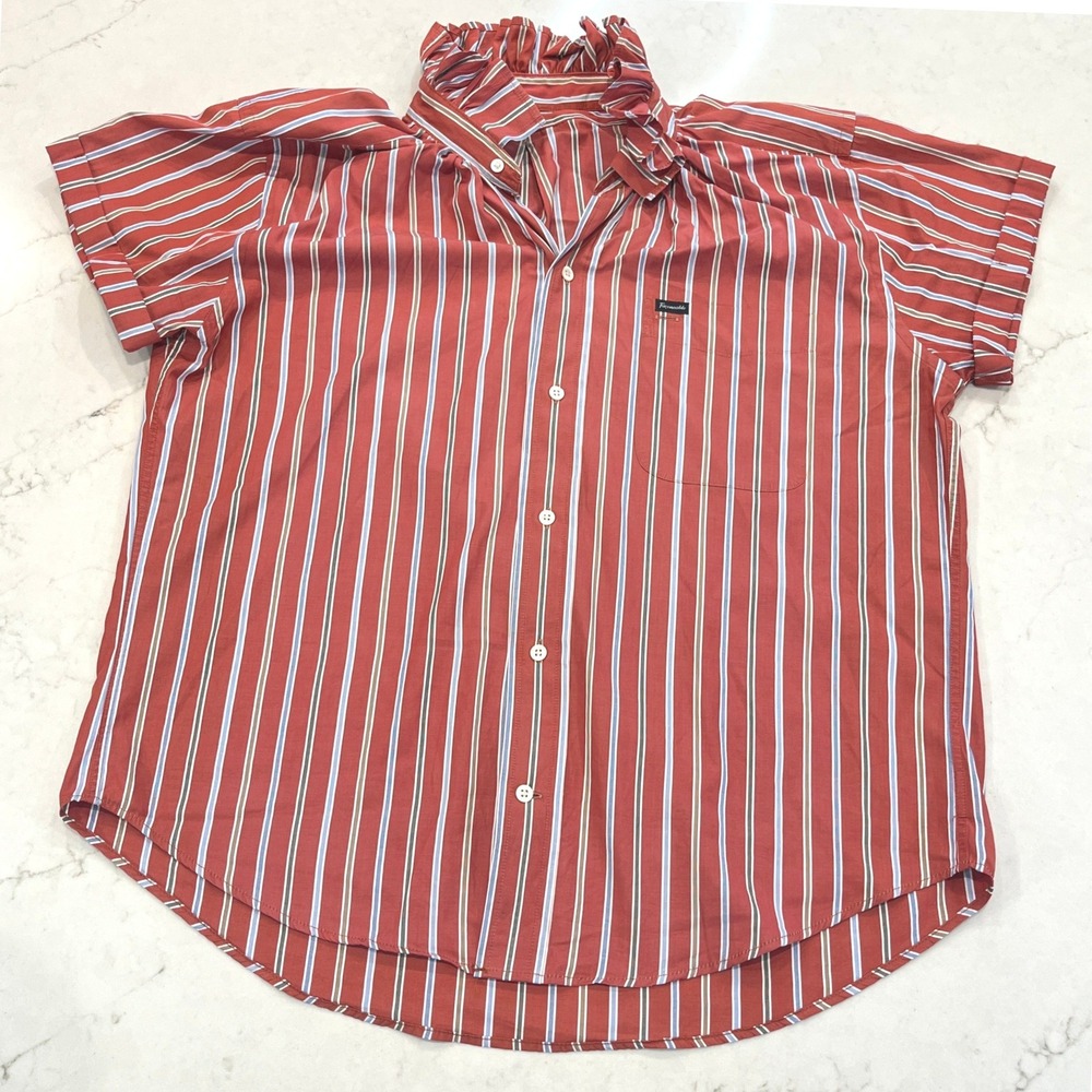 KMJ Kate Mchale Jensen Button Down SS Shirt XL Striped Ruffle Collar Pocket